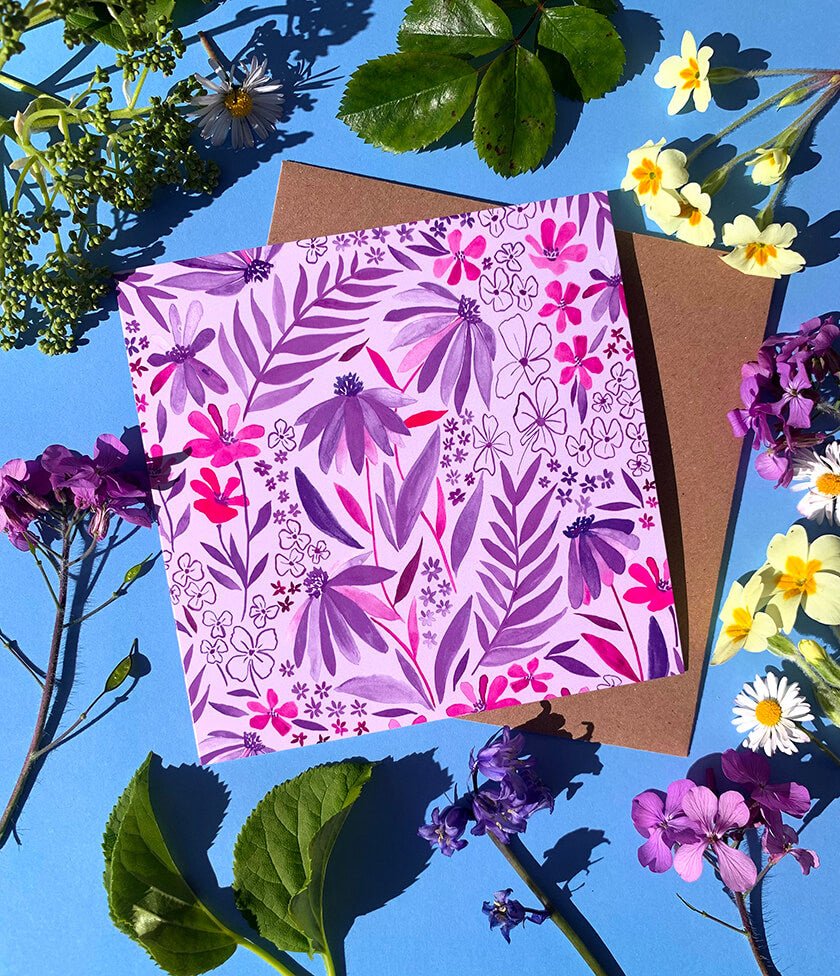 Violet Flowers Greeting Card - Katie Wootton Design